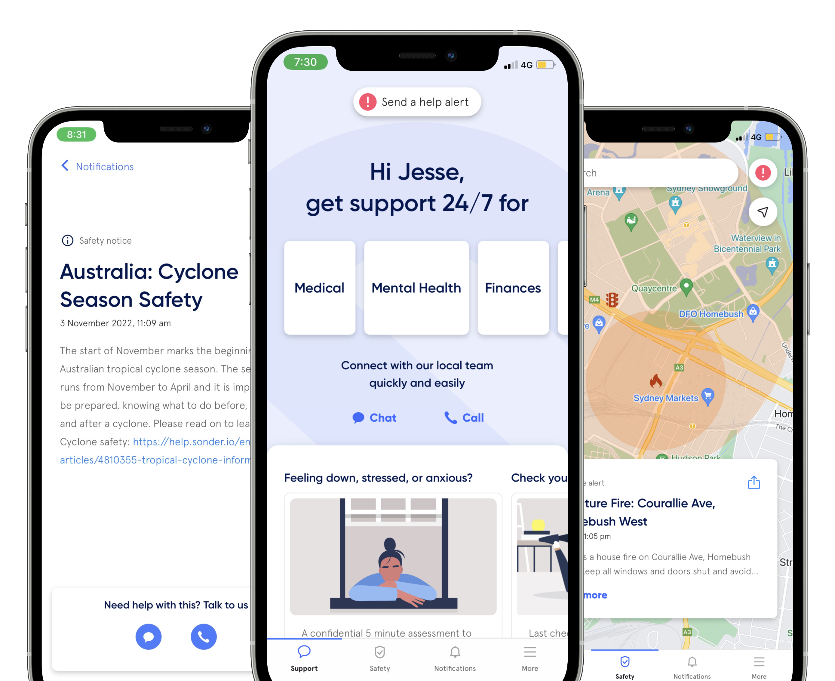 Three user interfaces of the Sonder app