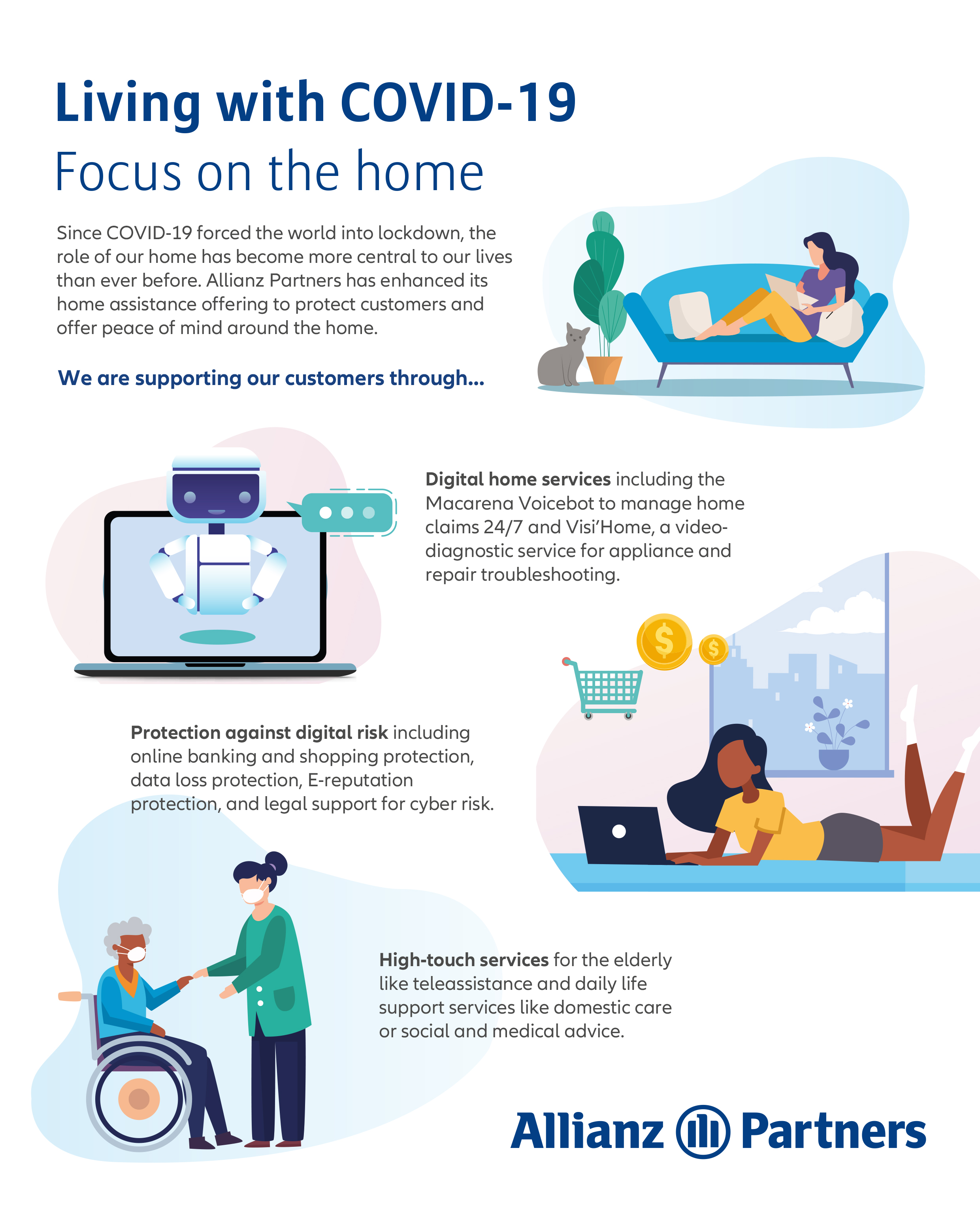 Since COVID-19 forced the world into lockdown, the  role of our home has become more central to our lives  than ever before. Allianz Partners has enhanced its  home assistance offering to protect customers and  offer peace of mind around the home. Digital home services including the  Macarena Voicebot to manage home  claims 24/7 and Visi’Home, a video diagnostic service for appliance and  repair troubleshooting. Protection against digital risk including  online banking and shopping protection,  data loss protection, E-reputation  protection, and legal support for cyber risk. High-touch services for the elderly  like teleassistance and daily life  support services like domestic care  or social and medical advice