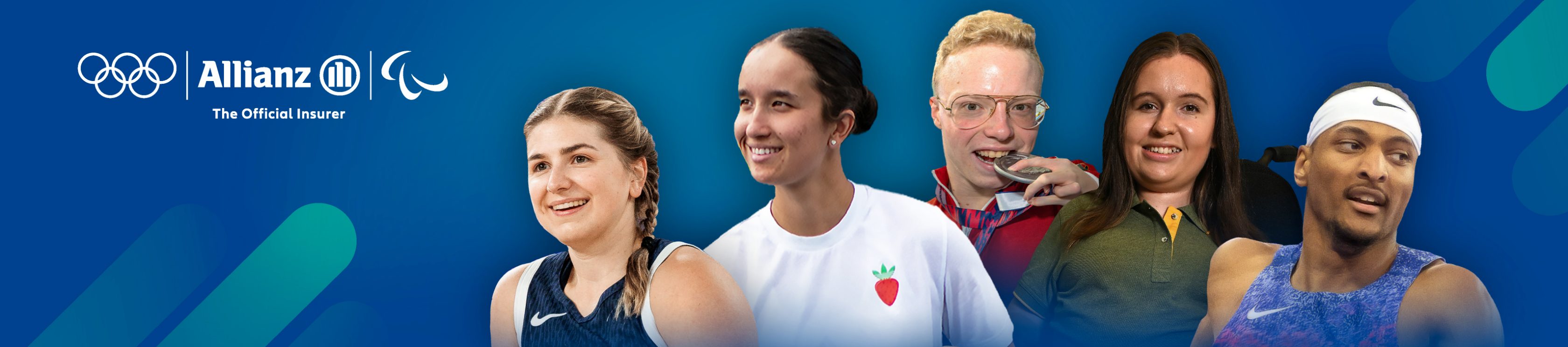 Im Vordergrund sind von links nach rechts fünf Para-Athlet:innen abgebildet. Hintergrund ist blau mit grünen Streifen,