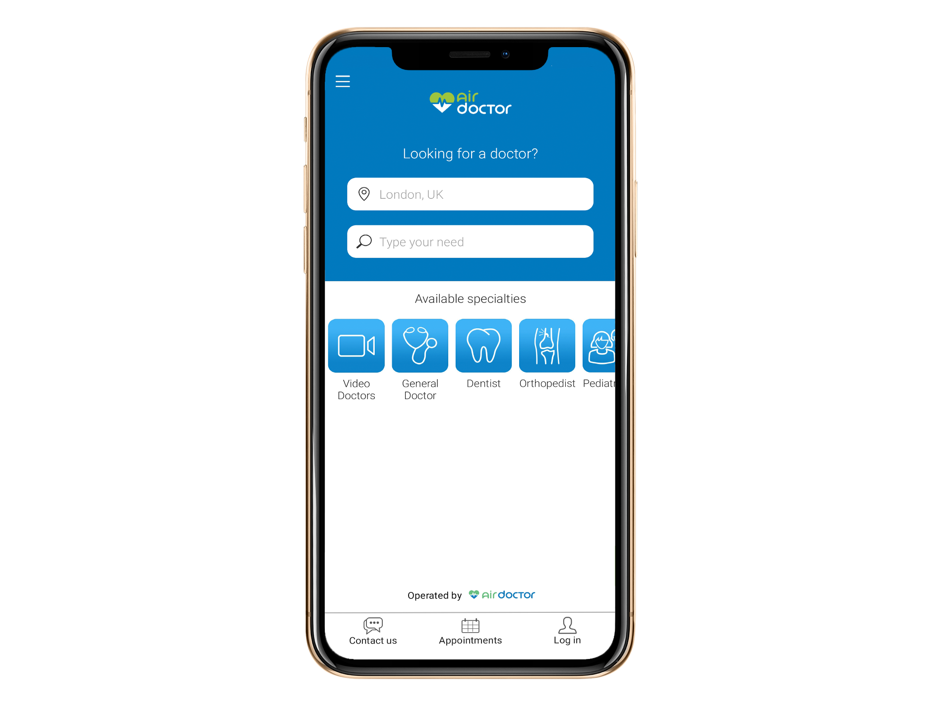 Über das weltweite medizinische Netzwerk von Air Doctor können Kund:innen im Krankheitsfall im Ausland einen Arzttermin vor Ort vereinbaren. © Air Doctor Air Doctor Service Mockup auf einem Smartphone.