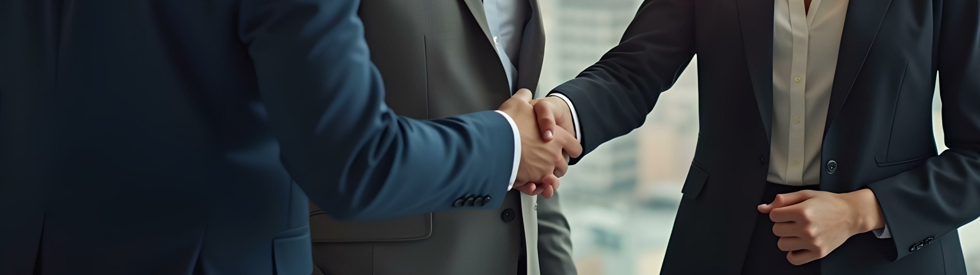 Ein Mann im blauen Anzug und eine Frau in weißer Bluse und schwarzem Blazer geben sich die Hand. Der mann steht halb mit dem Rücken zur Kamera, die Frau lächelt den Mann an.