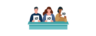 Die Illustration zeigt drei Menschen an einem Tisch sitzend, die jeweils ein weißes Schild mit einer schwarzen 10 in den Händen halten.