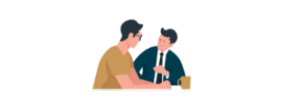 Die Illustration zeigt zwei Männer, die miteinander reden. Einer von ihnen trägt eine Brille und ein braunes Shirt und der andere einen dunklen Anzug mit Krawatte.