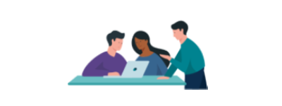 Die Illustration zeigt drei Menschen an einem Tisch, die miteinander reden und auf den Laptop auf dem Tisch schauen.