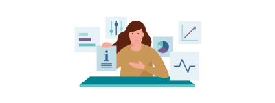 Eine Frau zeigt am Tisch sitzend auf ein Dokument, das sie in der Hand hält, auf dem ein kleines i abgebildet ist. Im Hintergrund sind mehr Dokumente mit verschiedenen Diagrammen abgebildet.