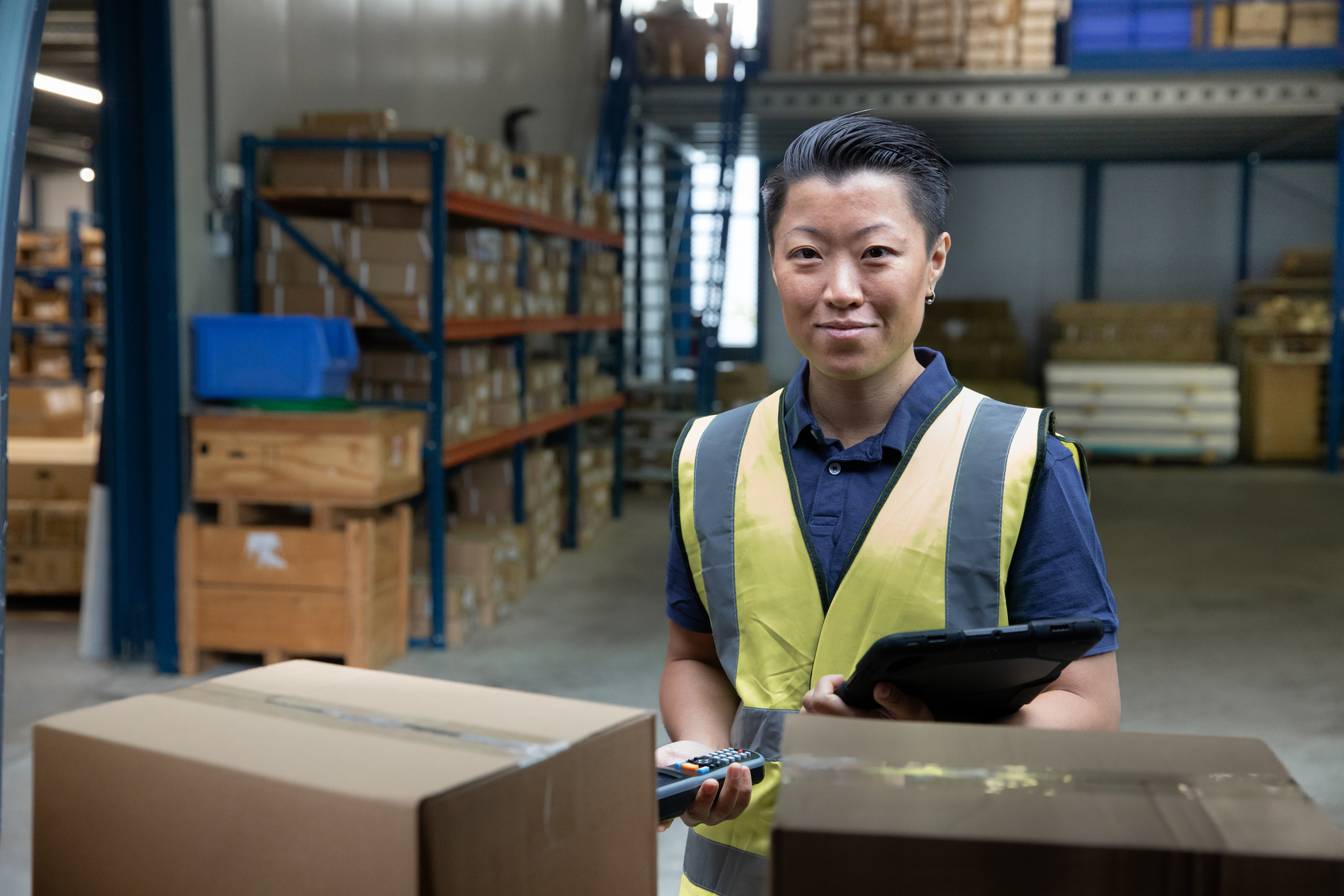 Asian woman in a high vis vest in a warehouse