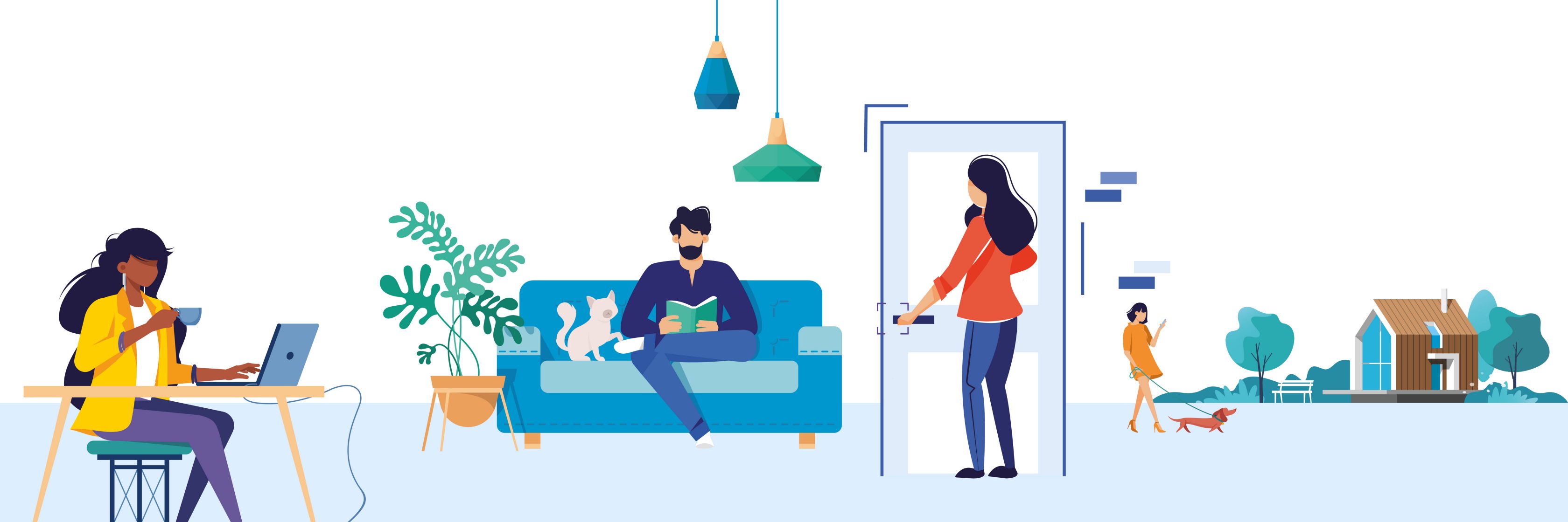 Die Illustration zeigt drei Menschen in verschiedenen Wohn- und Umgebungssituation wie eine Frau, die am Laptop sitzt mit einer Tasse in der Hand, einen Mann auf einem Sofa mit einem Buch und einer Katze, eine Frau, die an eine Türklinke greift und eine Frau, die mit einem Dackel spazieren geht. Im Hintergrund ist ein Haus und Bäume zu sehen.