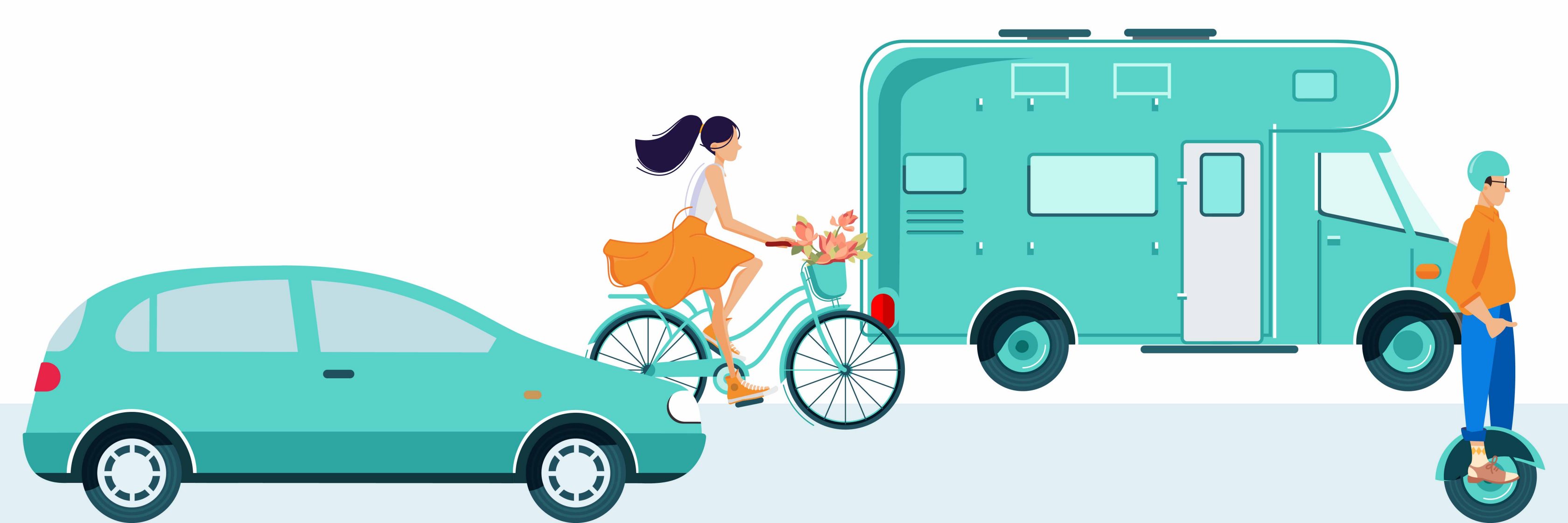 Eine Illustration eines Straßenverkehrs mit einem Auto, einem Wohnmobil, einer Frau auf einem Fahrrad und einem Mann mit Helm auf einem Segway.