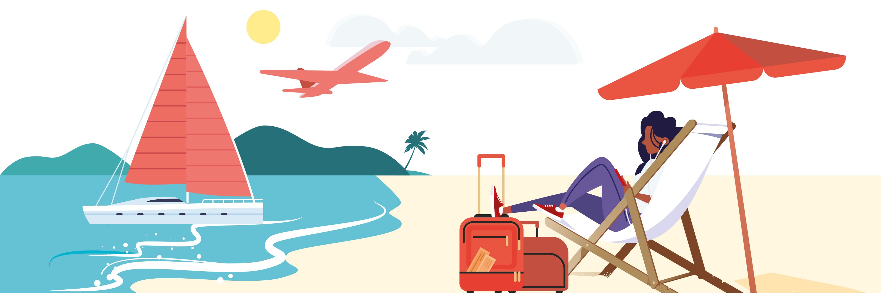 Die Illustration zeigt eine Person in einem Liegestuhl unter dem Sonnenschirm und mit Koffern am Strand während im Hintergrund ein Flugzeug am sonnigen Himmel fliegt.
