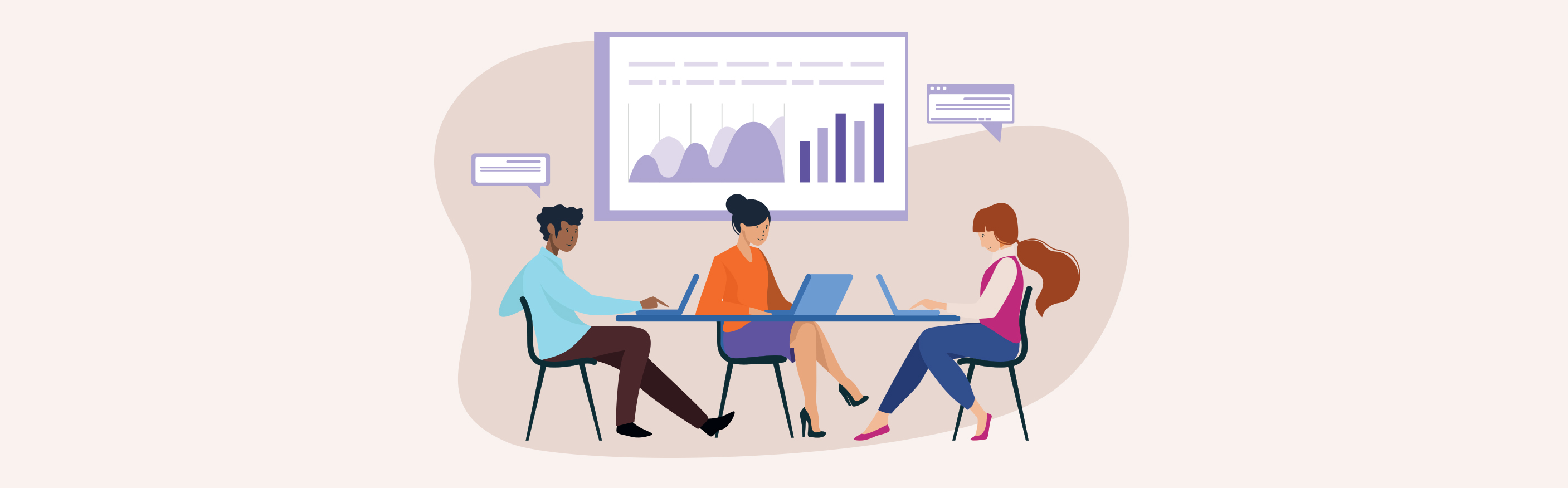 Die Illustration zeigt drei Menschen, die an einem Tisch mit ihren Laptops sitzen und Sprechblasen über ihren Köpfen haben. Im Hintergrund ist eine weiße Tafel mit Diagrammen.
